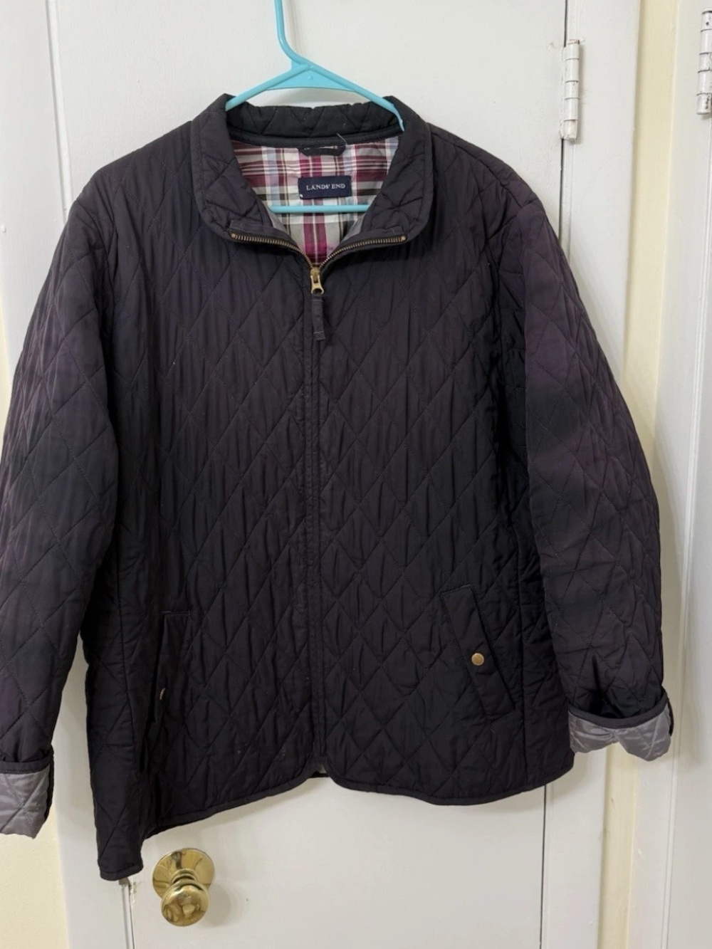 Lands End Womens XL Black Quilted Jacket Full Zip Tartan Plaid Lining Coat